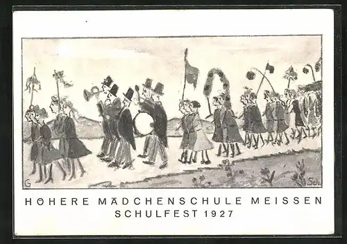 Künstler-AK Meissen, Höhere Mädchenschule Schulfest 1927, Parade mit Trompeten und Flaggen
