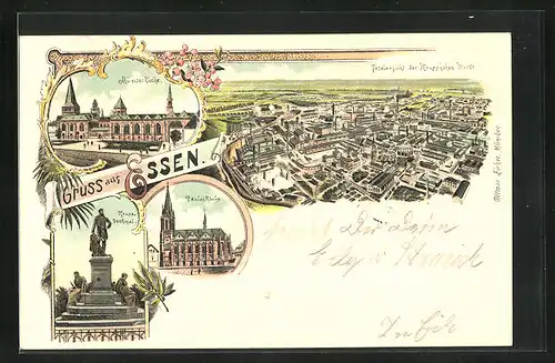 Lithographie Essen, Münster, Krupp-Denkmal, Totalansicht der Krupp`schen Werke