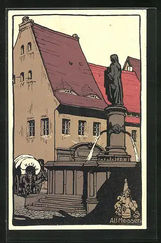 Steindruck-AK Alt-Meissen, Brunnen am Marktplatz