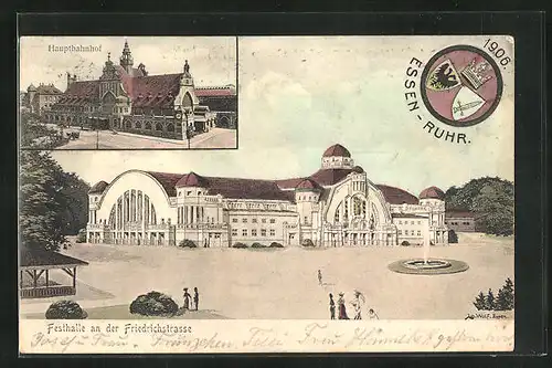 AK Essen a. d. Ruhr, Festhalle an der Friedrichstrasse, Hauptbahnhof, Wappen