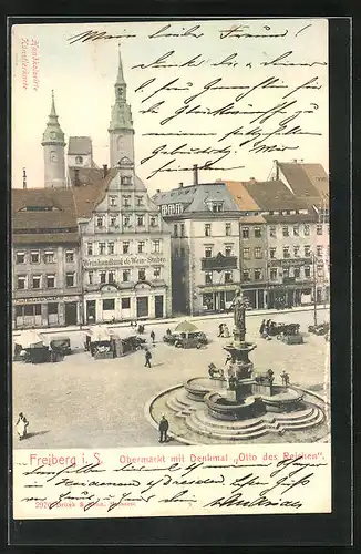 AK Freiberg i. Sa., Obermarkt mit Denkmal Otto des Reichen, Weinhandlung