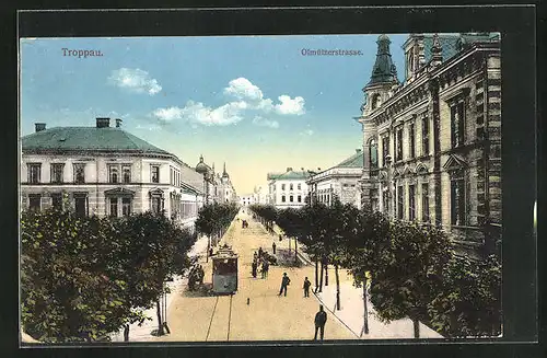 AK Troppau, Strassenbahn auf der Olmützerstrasse