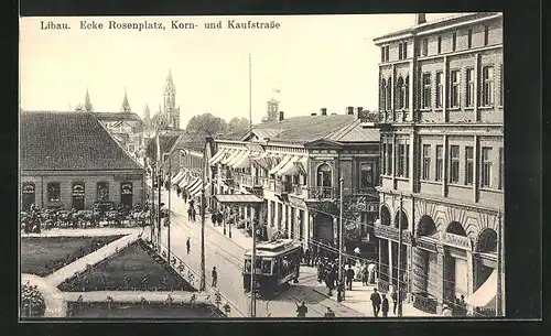 AK Libau, Strassenbahn Ecke Rosenplatz mit Korn- und Kaufstrasse