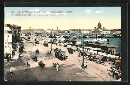 AK St. Pétersbourg, Vue génerale, Vassilie Ostroff, Strassenbahn