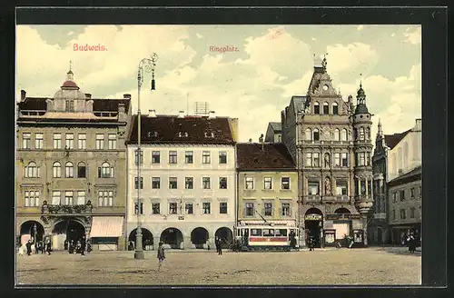 AK Budweis, Strassenbahn am Ringplatz