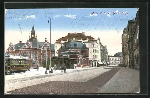 AK Mähr. Ostrau, Strassenbahn an der Reichsstrasse