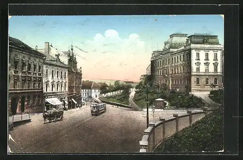 AK Pilsen, Bahnhofstrasse mit einer Strassenbahn