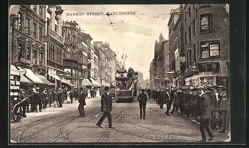 AK Manchester, Market Street, Strassenbahn