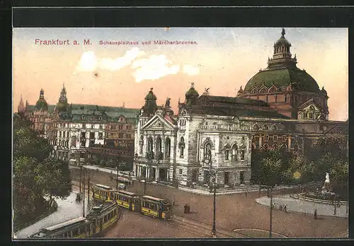 AK Frankfurt a. M., Schauspielhaus und Märchenbrunnen, Strassenbahn