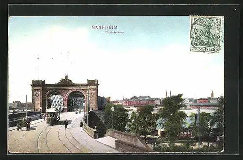 AK Mannheim, Rheinbrücke, Strassenbahn