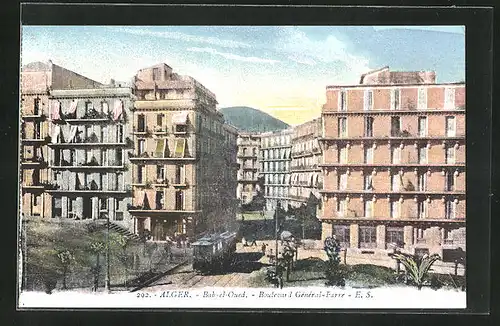 AK Alger, Bab-el-Oued, Boulevard Général-Farre, Strassenbahn