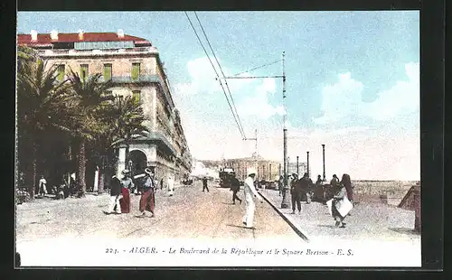 AK Alger, Le Boulevard de la République et le Square Bresson, Strassenbahn