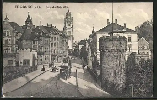 AK Freiburg i. B., Schwabentorbrücke, Strassenbahn