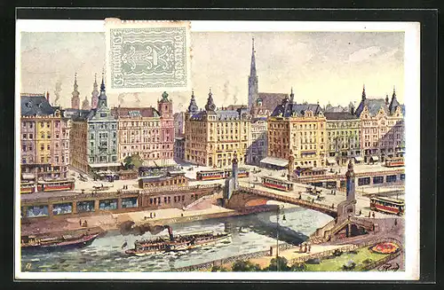 Künstler-AK Wien, Ferdinandsbrücke mit Strassenbahnen