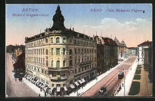 AK Brünn, Richard wagner Gasse, Strassenpartie mit Strassenbahn