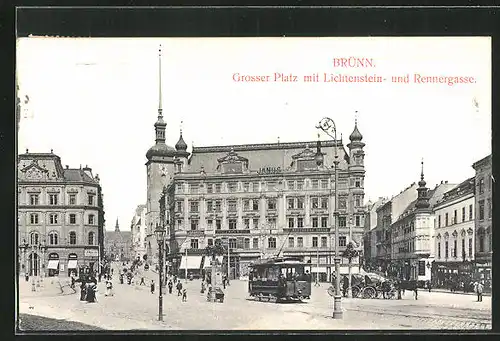 AK Brünn, Grosser Platz mit Lichtenstein- und Rennergasse, Strassenpartie mit Strassenbahn