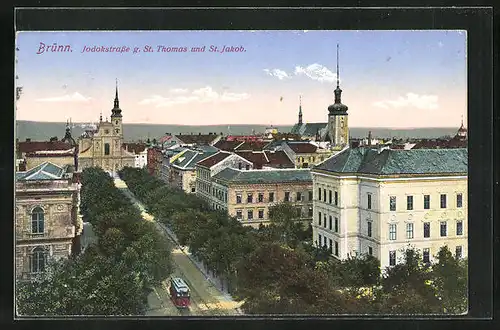 AK Brünn, Strassenbahn auf der Jadokstrasse g. St. Thomas und St. Jakob