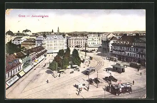 AK Graz, Jacominiplatz mit Strassenbahn