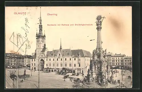 AK Olmütz, Strassenpartie am Oberring mit Strassenbahn, Rathaus und Dreifaltigkeitssäule