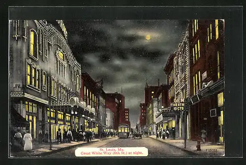 AK St. Louis, MO, Great White Way, 6th St. at night, Strassenbahn