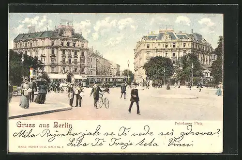 AK Berlin, Strassenbahn am Potsdamer Platz