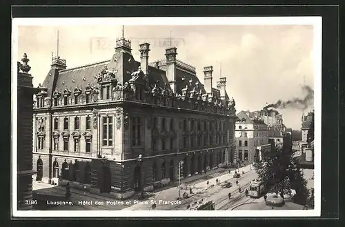 AK Lausanne, Hotel des Postes et Place St. Francois, Strassenbahn