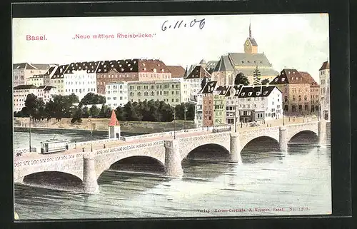 AK Basel, Neue mittlere Rheinbrücke mit Strassenbahn