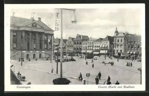 AK Groningen, Groote Markt met Stadhuis, Strassenbahn