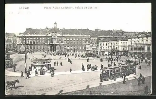 AK Liège, Place Saint-Lambert, Palais, Strassenbahn