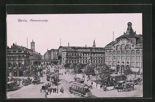AK Berlin, Alexanderplatz mit Zahn-Klinik, Geschäften und Strassenbahn