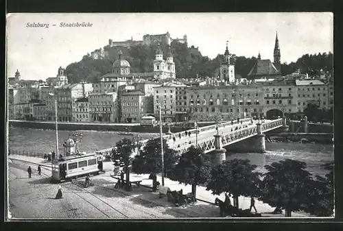 AK Salzburg, Staatsbrücke mit Strassenbahn