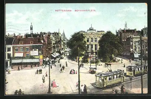 AK Rotterdam, Boymansplein mit Geschäften und Strassenbahn