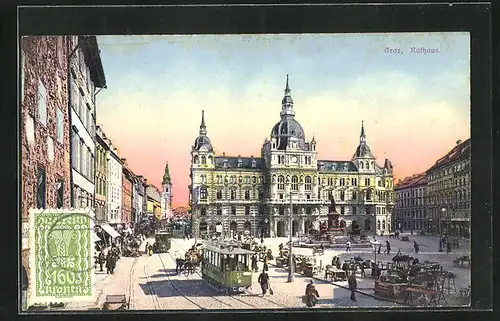 AK Graz, Rathaus mit Strassenbahn