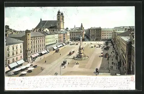 AK Linz a. D., Franz Josef Platz gegen die Domkirche mit Strassenbahn