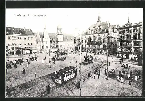 AK Halle a. S., Marktplatz mit Strassenbahn