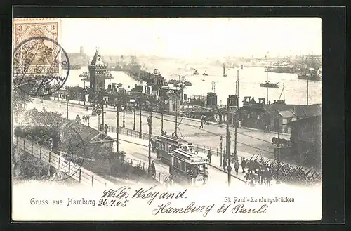 AK Hamburg, St. Pauli-Landungsbrücken mit Strassenbahn
