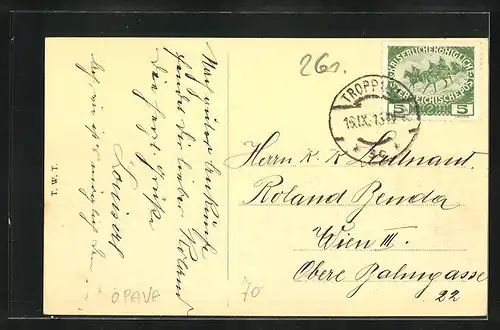 AK Troppau, Oberring mit Geschäft, Stadttheater und Strassenbahn