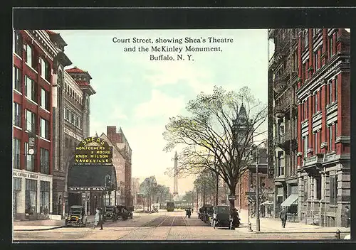 AK Buffalo, N. Y., Court Street, showing Shea`s Theatre and the Mc Kinley Monument, Strassenbahn