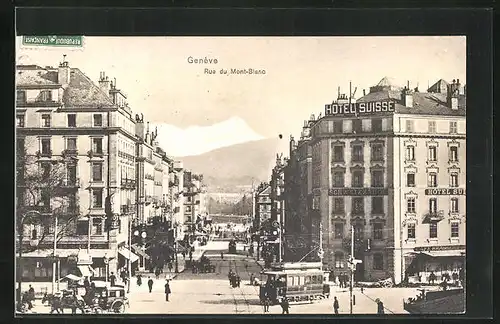 AK Genève, Rue du Mont-Blanc, Strassenpartie mit Strassenbahn