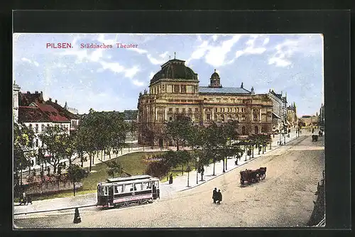 AK Pilsen, Städtisches Theater mit Strassenbahn