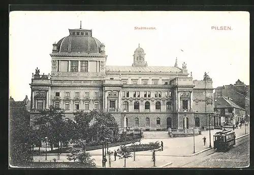 AK Pilsen, Stadttheater mit Strassenbahn