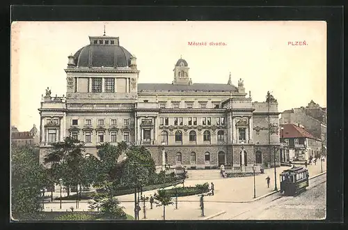 AK Plzen, Mestske divadlo, Strassenbahn