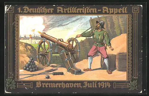 AK Bremerhaven, 1. Deutscher Artilleristen-Appell 1914, Kanone in alter Zeit