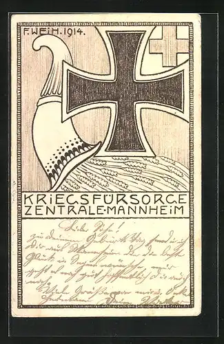 AK Mannheim, Kriegsfürsorge Zentrale 1914, Eisernes Kreuz und Füllhorn, Kriegshilfe