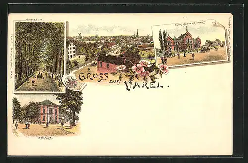 Lithographie Varel, Grosse Allee, Rathaus, Totalansicht, Gerichtsgebäude und Marktplatz