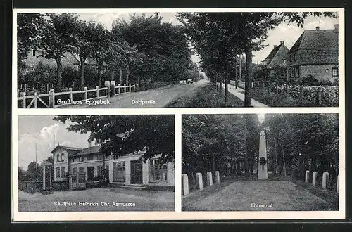 AK Eggebek, Kaufhaus Heinrich Chr. Asmussen, Ehrenmal