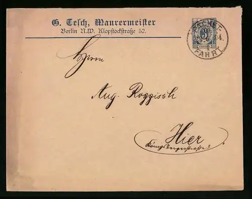 Briefumschlag Berlin, 1894, Neue Berliner Omnibus- u. Packetfahrt-Actien-Gesellschaft, G. Tesch, Maurermeister
