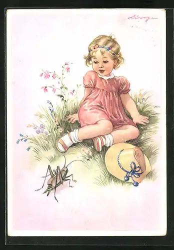 Künstler-AK Mädchen beobachtet Grashüpfer