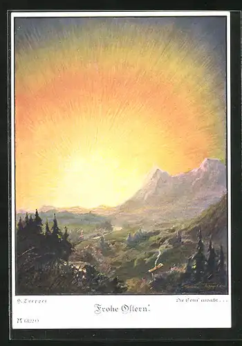 Künstler-AK sign. H. Toepper: Sonnenaufgang im Bergesland