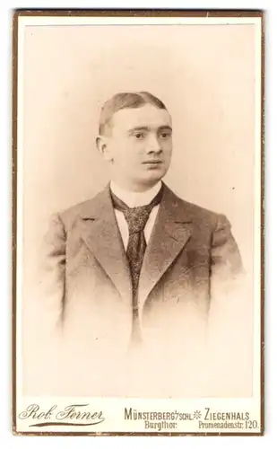 Fotografie Robert Ferne, Münsterberg, Burgtor, Portrait junger Herr im Anzug mit Krawatte